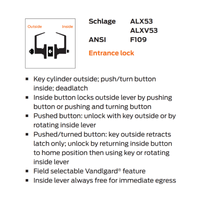 Schlage ALX53B-RHO Entrance Cylindrical Lock, Rhodes Lever, SFIC Less Core