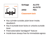 Schlage ALX70B-RHO Classroom Cylindrical Lock, Rhodes Lever, SFIC Less Core
