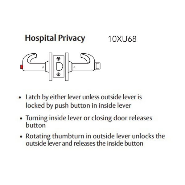 Sargent V06-10XU68-VSLL Hospital Privacy Function Cylindrical Lock, Visual Indicator Trim Inside Only, White/Red, Non-Keyed