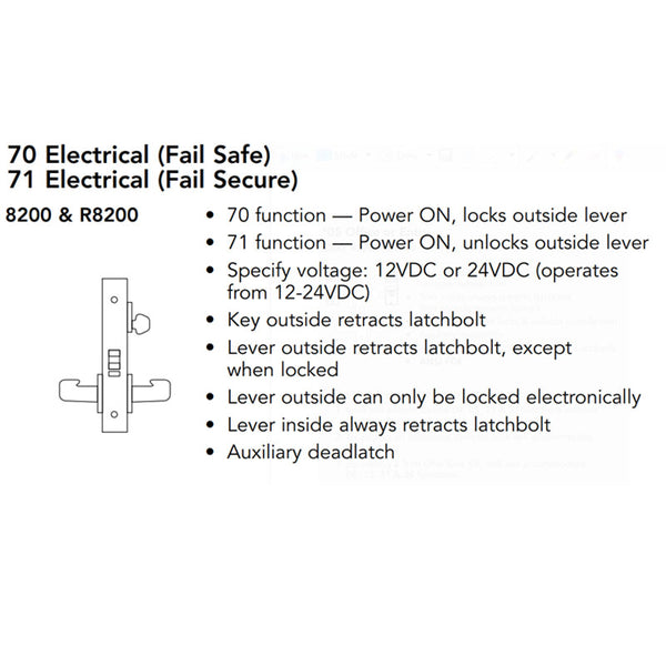Sargent RX-8270-12V-US26D Lock Body Only, Fail Safe, Single Cylinder, Request to Exit, Satin Chrome Finish