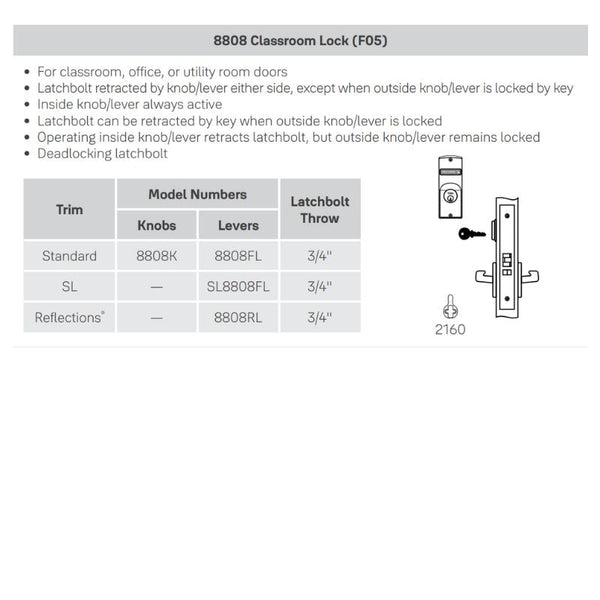 Accentra (Yale) TBR3-8808RL-626-LC Classroom Or Closet Mortise Lock, Satin Chromium Plated Over Nickel