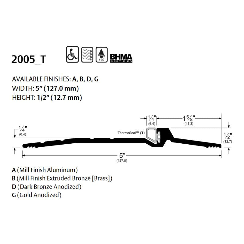 Pemko 2005DT Latching Panic Exit Threshold - 5" Width, 1/2" Height, ThermoSeal Insert Dark Bronze Anodized Aluminum