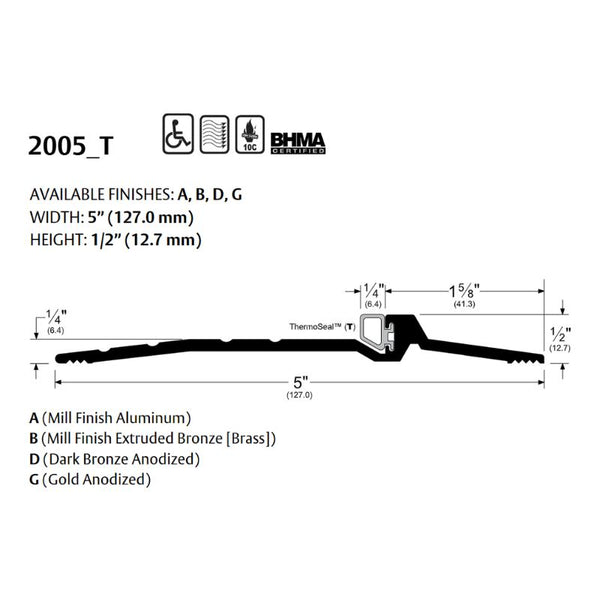 Pemko 2005DT Latching Panic Exit Threshold - 5" Width, 1/2" Height, ThermoSeal Insert Dark Bronze Anodized Aluminum