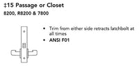 Sargent 8215-BHW-US32D Behavioral Health Mortise Lock, Passage or Closet Function, BHW Trim, Non-Keyed, Satin Stainless Steel