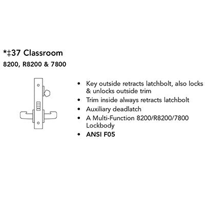 Sargent 70-8237-BHW-US32D Behavioral Health Mortise Lock, Classroom Function, BHW Trim, SFIC Less Core, Satin Stainless Steel