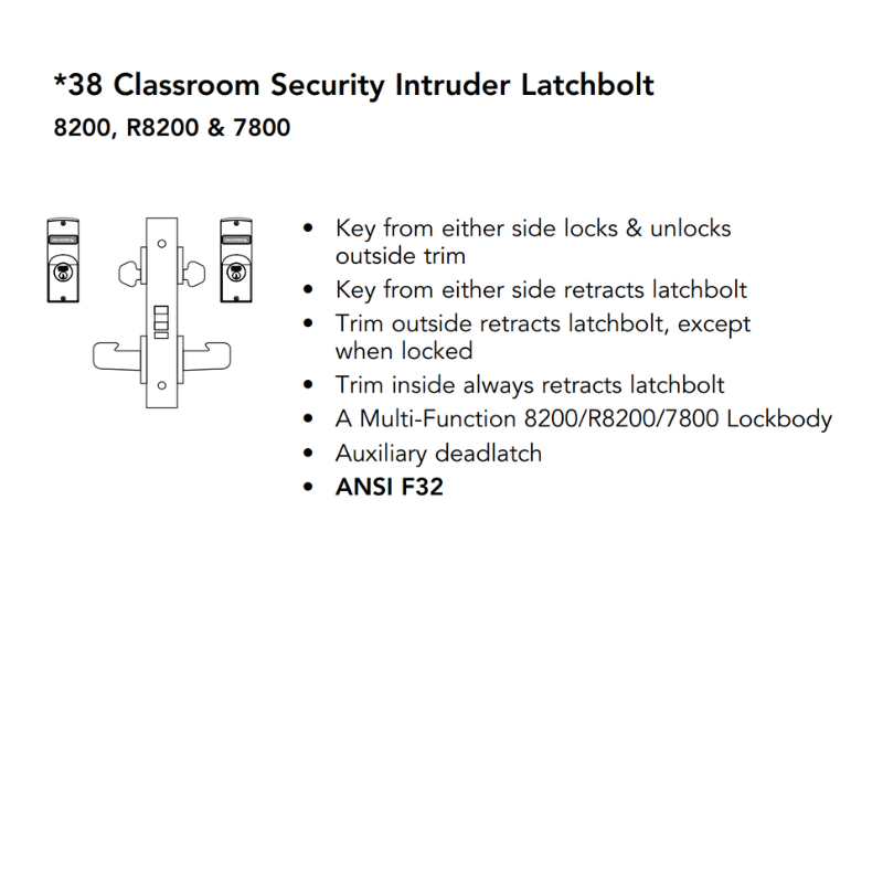 Sargent 8238-BHW-US32D-LC Behavioral Health Mortise Lock, Classroom Security Intruder Latchbolt Function, BHW Trim, Less Cylinder, Satin Stainless Steel