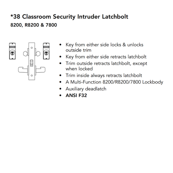 Sargent 8238-BHW-US32D-LC Behavioral Health Mortise Lock, Classroom Security Intruder Latchbolt Function, BHW Trim, Less Cylinder, Satin Stainless Steel