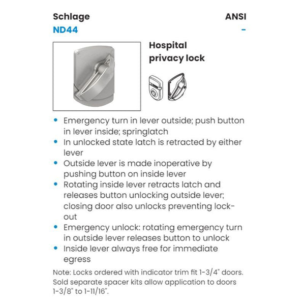 Schlage ND44S-HSLR-630 Hospital Privacy Lock, Non-Keyed, Satin Stainless Steel