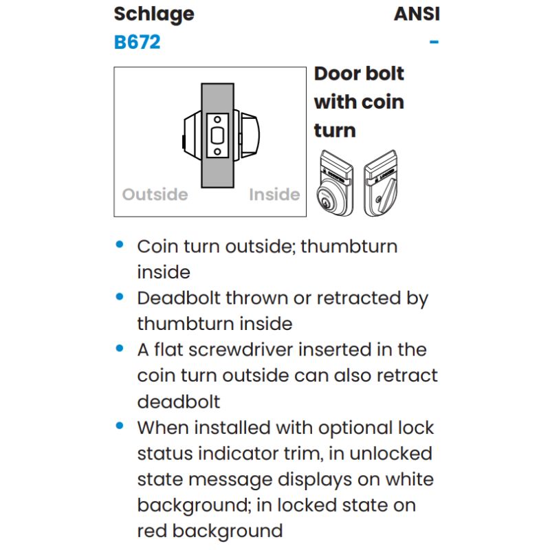 Schlage B672 OS-OCC Deadbolt, Coin Turn Outside/Thumbturn Inside, Outside "VACANT/OCCUPIED", Std Strike