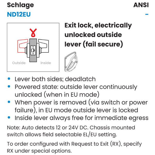 Schlage ND12DEU-ATH-626 Electrified Cylindrical Lock, Exit Function, Satin Chrome