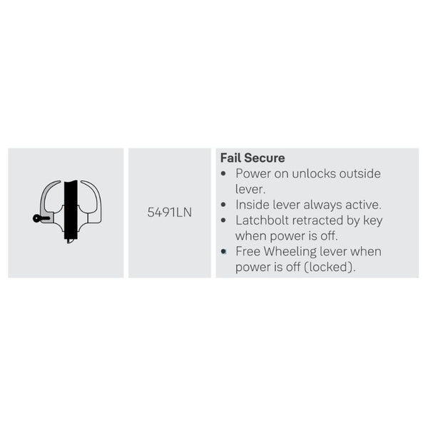 Accentra (Yale) AU5491LN-REX-24V-626, Electrified Cylindrical Lever Lock, Fail Secure, Satin Chrome