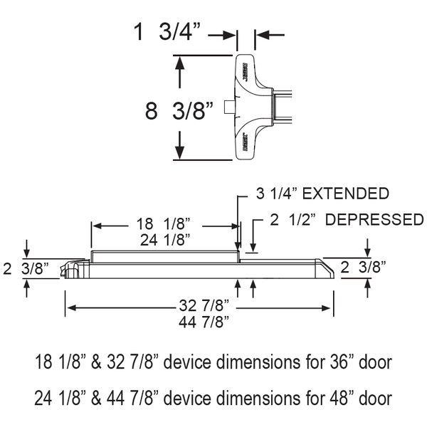 Detex V40W HD 628 99 36 Wide Stile Rim Exit Device dimensions